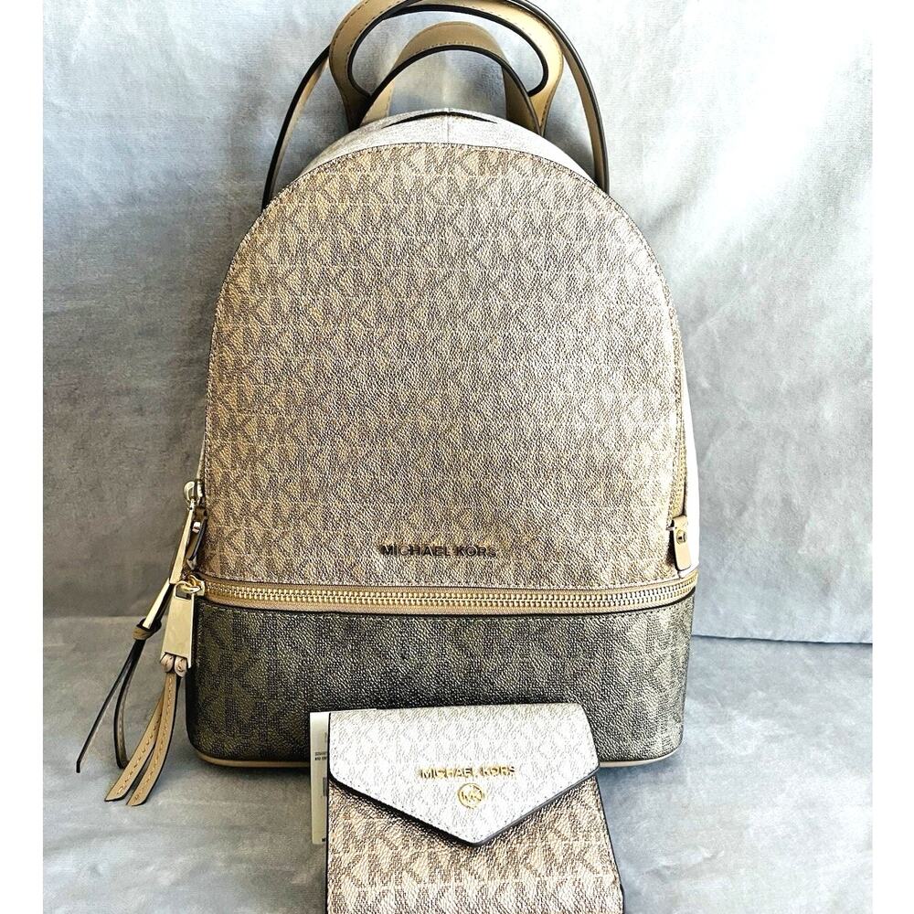 NWT Michael Kors Rhea Medium Metallic Signature Logo Backpack & Trifold Wallet